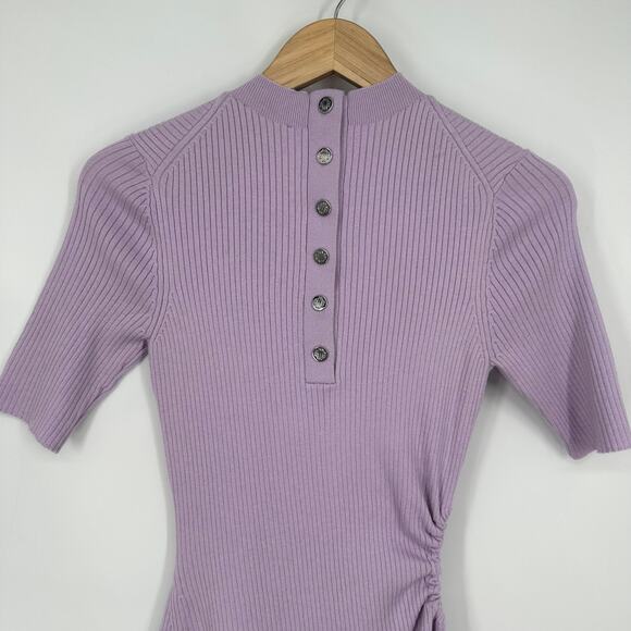 Maje Reine Dress Rib Knit Short Sleeve Mock Neck Fit and Flare Mini Light Purple - Picture 12 of 14